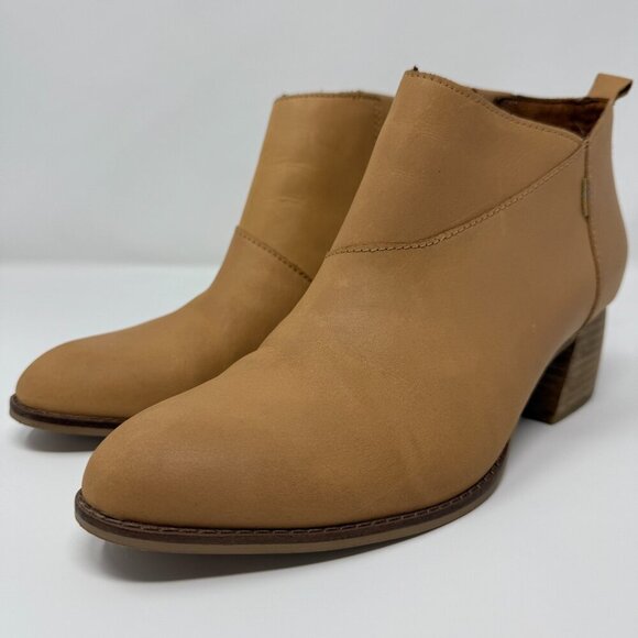 TOMS Leilani Ankle Booties Women's 8.5 Honey Brown Leather Heeled Comfy Block - Picture 1 of 14